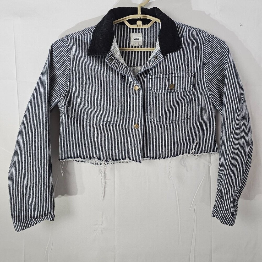 Vans Cropped Jacket Womens XS Blue Stripe Workwear Style Raw Hem Button Front